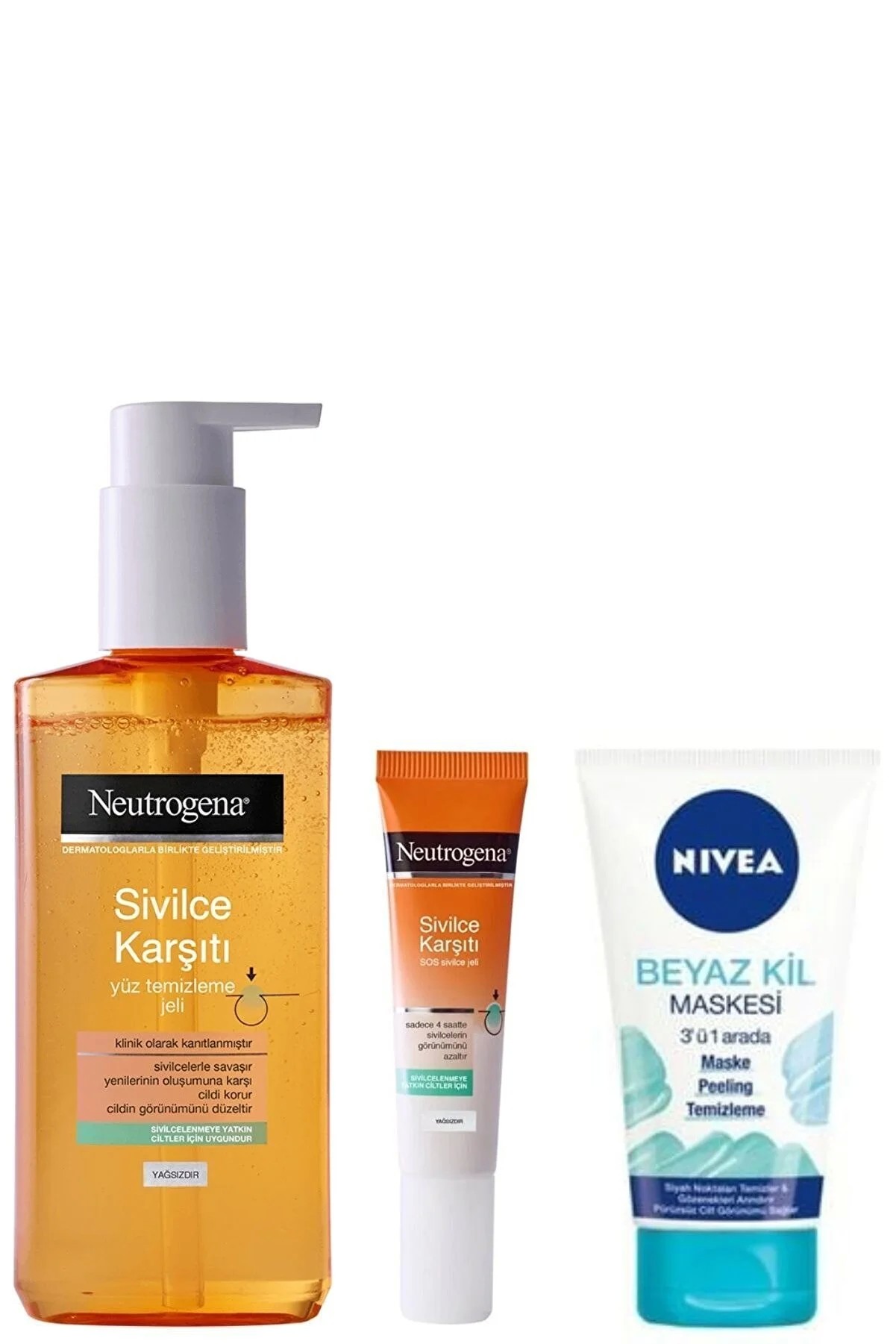 ژل پاک کننده صورت ضد آکنه Nivea 200 ml ژل آکنه Visibly Clear Sos 15 ml ماسک سفید خاک رس 150 ml